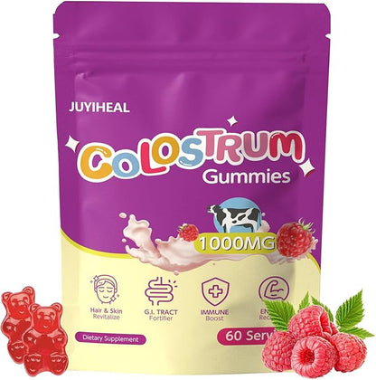 Colostrum Gummies, 1000 mg Grass Fed Colostrum Chews Colostrum Supplement for Gut Health, Hair Growth, Beauty, and Immune Support, Raspberry Flavor 60 Servings