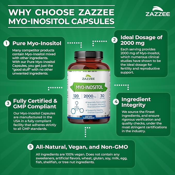 Zazzee Myo-Inositol Capsules, 2000 mg per Serving, 120 Vegan Capsules, Ideal Dosage for 40:1 Ratio, Certified Kosher, Hormone Balance & Healthy Ovarian Function Support, Non-GMO, Made in the USA