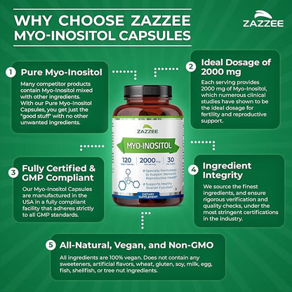 Zazzee Myo-Inositol Capsules, 2000 mg per Serving, 120 Vegan Capsules, Ideal Dosage for 40:1 Ratio, Certified Kosher, Hormone Balance & Healthy Ovarian Function Support, Non-GMO, Made in the USA