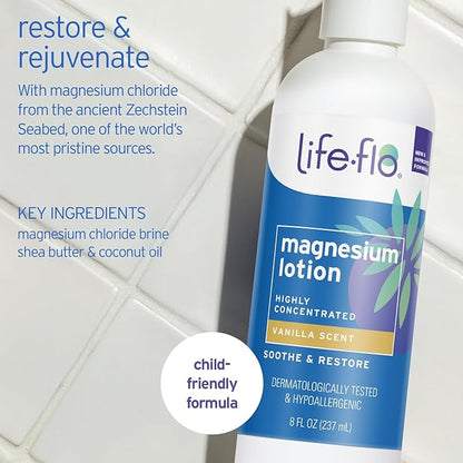 LIFE-FLO Magnesium Lotion - New, Improved Magnesium Chloride from Zechstein Seabed - Soothes Muscles, Joints When Massaged into Skin - Great for Kids, Hypoallergenic, 8oz Pack of 1, Vanilla