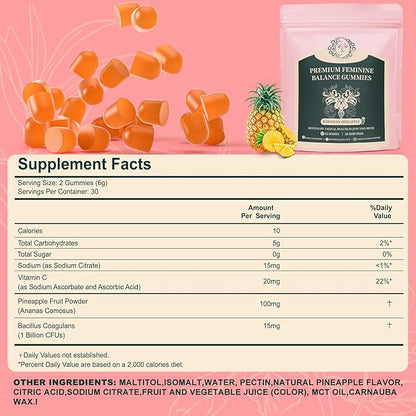 Feminine Balance Gummies for Women - Premium Balance Supplement for Women PH Health, Gut Healthy, Immune Support, Hawaiian Pineapple Flavor, 60 Gummies