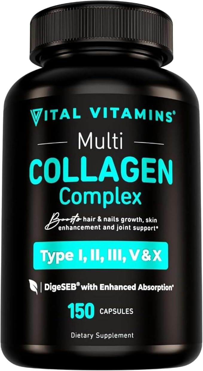 Vital Vitamins Multi Collagen Capsules - Type I, II, III, V, X - Grass-Fed, Collagen Peptides Supplements, Non-GMO - for Men & Women - 150 Count