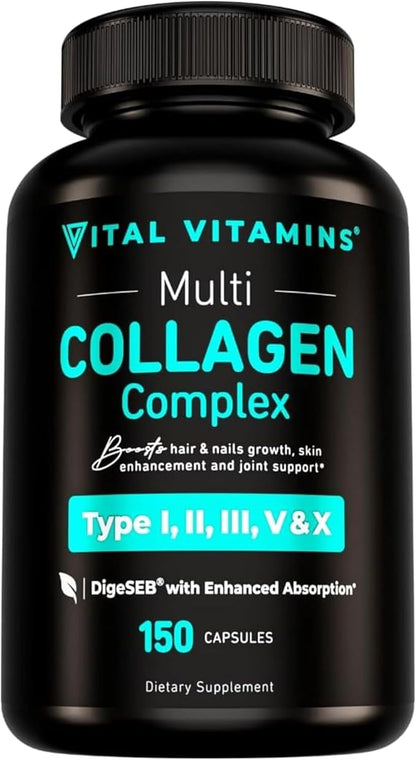 Vital Vitamins Multi Collagen Capsules - Type I, II, III, V, X - Grass-Fed, Collagen Peptides Supplements, Non-GMO - for Men & Women - 150 Count