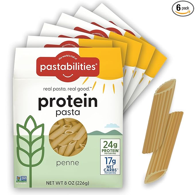 Pastabilities, Protein Pasta, Penne - 24g Protein & Low Carb, 17g Net Carbs - High Protein, Delicious Taste & Texture Non-GMO Plant-Based Pasta, Keto Friendly, Vegan (8 Ounce, 6 Pack)