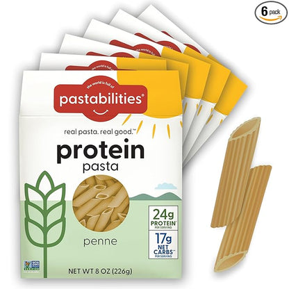 Pastabilities, Protein Pasta, Penne - 24g Protein & Low Carb, 17g Net Carbs - High Protein, Delicious Taste & Texture Non-GMO Plant-Based Pasta, Keto Friendly, Vegan (8 Ounce, 6 Pack)
