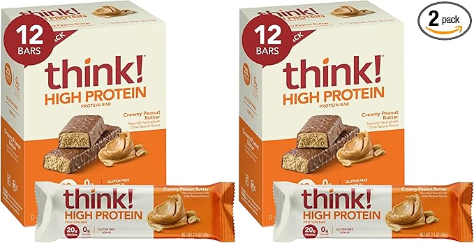 Think! Protein Bars, High Protein Snacks, Gluten Free, Sugar Free Energy Bar with Whey Protein Isolate, Creamy Peanut Butter, Nutrition Bars without Artificial Sweeteners, 1 Box (Pack of 2)