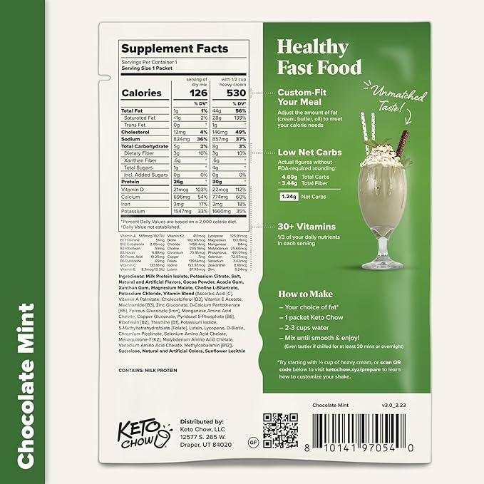 Keto Chow Chocolate Mint - Keto Meal Replacement Shake Powder - Nutritionally Complete - Low Carb - Delicious Easy Meal Substitute - Protein Rich You Choose The Fat - Single Meal Sample