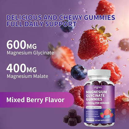 Magnesium Glycinate Gummies 1000mg, Sugar Free Magnesium Potassium Supplement with Vitamin D, B6, CoQ10 for Sleep Support, Stress & Muscle Relief - 120 Mixed Berry Flavored Gummies
