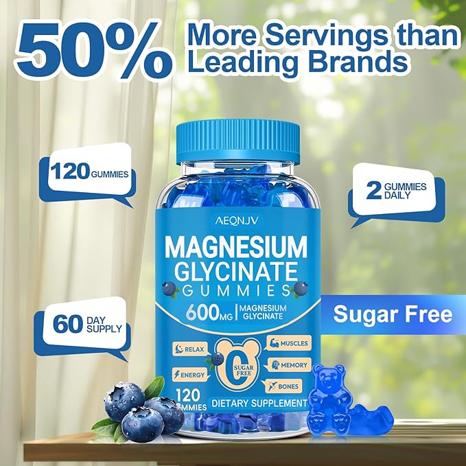 Magnesium Glycinate Gummies 600mg, Chewable Sugar Free Potassium Magnesium Gummies, Vitamin D, B6, and CoQ10 for Calm Support & Sleep for Adults, 60 Days Supply, 2 Pack