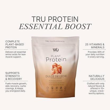 TRU Supplements Plant Based Protein Powder, BCAA, EAA, 20g Vegan Brown Rice & Pea Protein, 100 Calories, 27 Vitamins, No Artificial Flavors 25 Servings 25 Servings (Dulce De Leche)