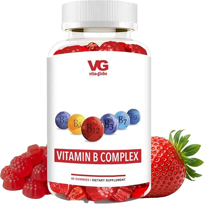 VITA GLOBE B Complex Gummy Vitamins – Strawberry Flavor with Vitamin C, Niacin, B6, B12 & Biotin | Daily Supplement for Energy, Metabolism & Cognitive Support | 60 Gummies (Pack of 1)