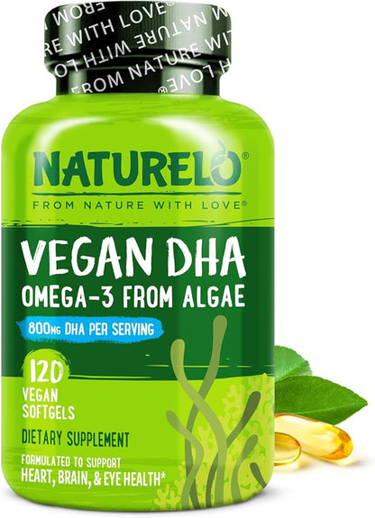 NATURELO Vegan DHA, Vegan Omega 3 Supplement, 120 Softgels, Supports Brain/Heart/Eye Health, Complements Prenatal Vitamins, Essential Fatty Acids, Omega 3 Supplement for Women & Men