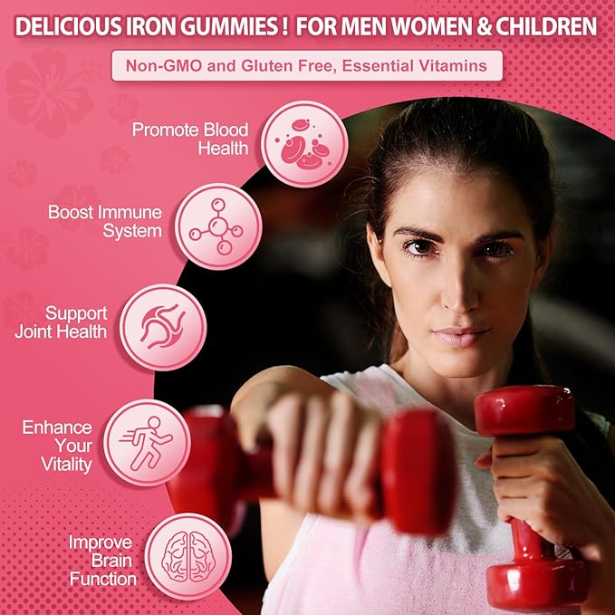 ZHPHK Iron Gummies for Women Men Vitamin Supplement 65mg & Vitamin C 250mg Per Serving with B6 B12 Folate- Energy Support for Iron Deficiency, Anemia, Vegan Guava Hibiscus Flavor, 120 Count