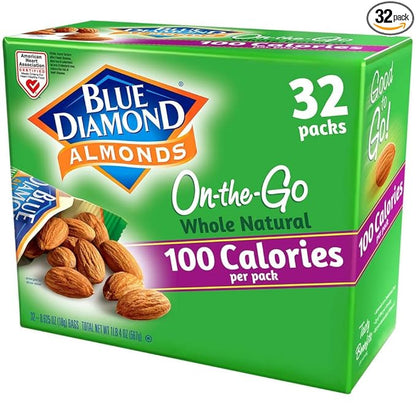 Blue Diamond Almonds Whole Natural Raw Snack Nuts, 100 Calorie Travel Bags, 32 count