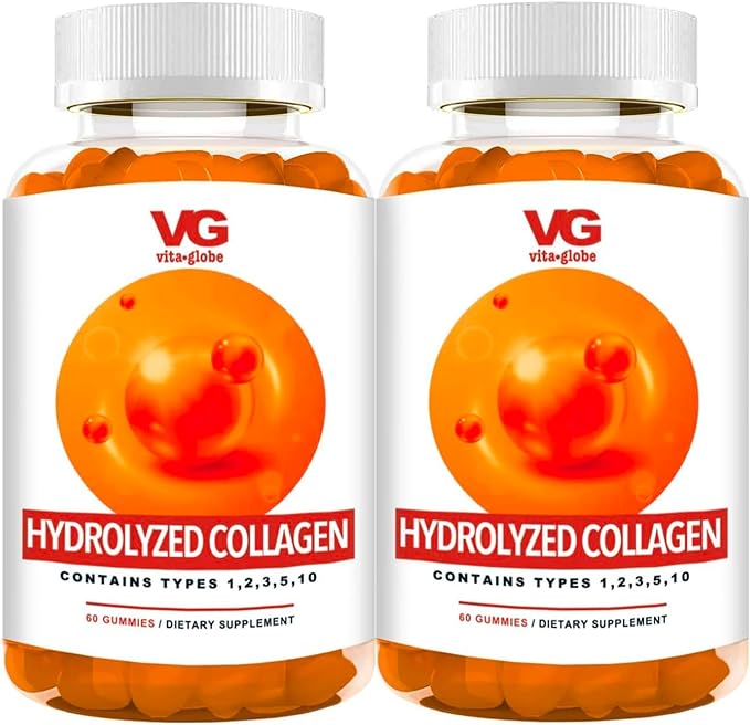 VITA GLOBE Collagen Gummies – 200mg Hydrolyzed Collagen Types I, II, III, V & X | Supports Hair, Skin, Nails, Joints & Bones | Non-GMO Daily Collagen Supplement for Adults – 120 Gummies (Pack of 2)