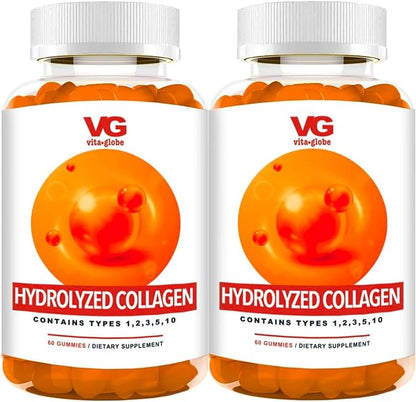 VITA GLOBE Collagen Gummies – 200mg Hydrolyzed Collagen Types I, II, III, V & X | Supports Hair, Skin, Nails, Joints & Bones | Non-GMO Daily Collagen Supplement for Adults – 120 Gummies (Pack of 2)
