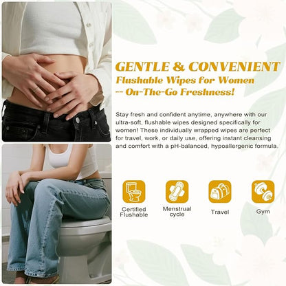 Feminine Wipes Individually Wrapped, Flushable Wipes Travel,Feminine Care Vaginal Wipes for Adult,Women, Girl and Homeless (Pack of 50,Chamomile)