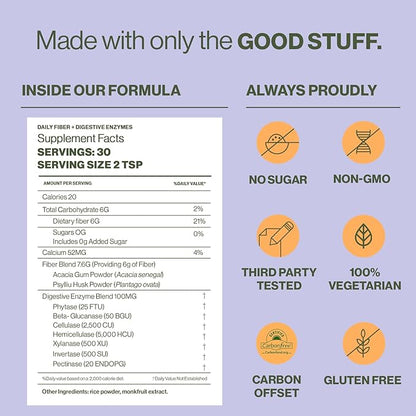 Hilma Daily Fiber and Digestive Enzymes, Fiber Supplement Powder with Prebiotics and Enzymes Formulated with Psyllium Husk and Acacia, Gluten Free, Vegan, FSA Eligible, Digestive Support, 30 Servings