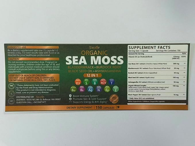 Bualle Irish Sea Moss Capsules – Organic Sea Moss, Black Seed Oil, Ashwagandha Supplements with Bladderwrack, Ginger & Burdock Root – Supports Daily Wellness, Skin & Energy – 150 Capsules,(Pack of 2)