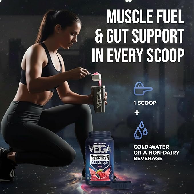 Vega Sport Vegan Protein Powder + Recovery - 30g Plant Based Protein per Serving, Berry, 19 Servings, 5g BCAAs, Probiotics, NSF Certified, for Shakes & Smoothies, 1.8lbs (Packaging May Vary)