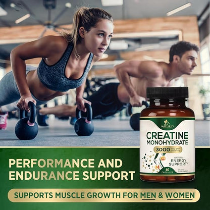 Creatine Monohydrate 3000mg Per Serving – Micronized Creatine Powder Capsules - Supports Lean Muscle, Strength, Energy, & Endurance - Nature's Supplement, Non-GMO, Bottled in USA - 60 Capsules