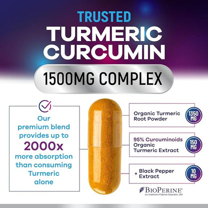 Turmeric Curcumin Supplement - 1350mg Organic Turmeric Per Serving - 95% Curcuminoids & BioPerine Black Pepper Extract for Best Absorption - Natural Vegan Joint Support, Bottled in USA - 120 Capsules