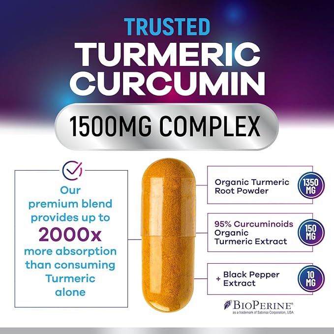Turmeric Curcumin Supplement - 1350mg Organic Turmeric Per Serving - 95% Curcuminoids & BioPerine Black Pepper Extract for Best Absorption - Natural Vegan Joint Support, Bottled in USA - 240 Capsules