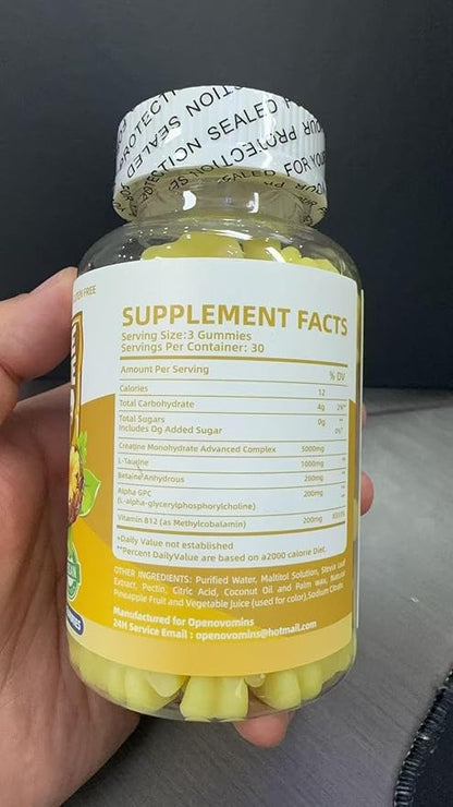 Creatine Monohydrate Gummies Complex for Men & Women -Advanced Formula W/L-Taurine + Vitamin B12, Sugar Free Chewable Supplement,180 Pineapple Gummies 2pack