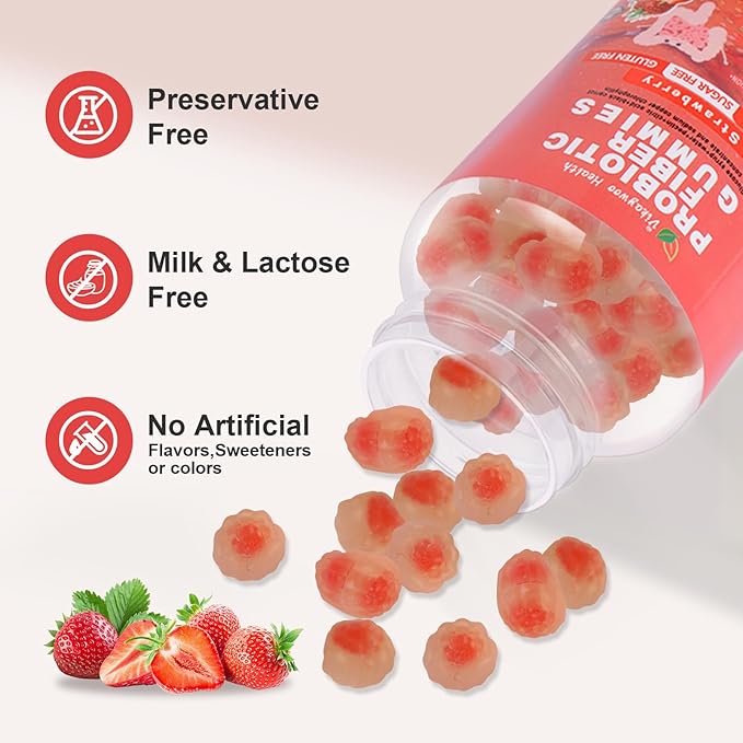 Probiotic Fiber Gummies for Adults, No Sugar Added Strawberry Flavor– 2 Billion CFUs –Vitamin C,Vitamin D–Digestive Health & Regularity Support(120 Count)