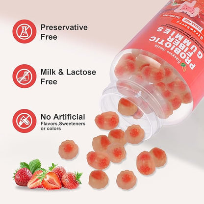Probiotic Fiber Gummies for Adults, No Sugar Added Strawberry Flavor– 2 Billion CFUs –Vitamin C,Vitamin D–Digestive Health & Regularity Support(120 Count)
