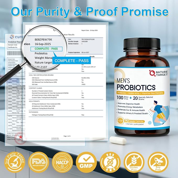 NATURE TARGET Probiotics for Men Digestive Health with Enzymes & Prebiotics, 100 Billion CFUs, Men's Probiotics with Saw Palmetto & Cranberry for Prostate & Urinary Tract Health, 90 Veggie Capsules