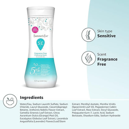 Summer's Eve Fragrance Free All-Over Feminine Wash, Gentle pH-Balanced Body Wash for Women, Removes Vaginal Odor, 15 Fl Oz (Pack of 2)