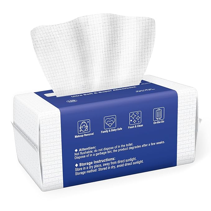 Ourmed Life Face Towels, Disposable Biodegradable Clean Facial Towels for Sensitive Skin, Lint- free Face Cloths for Makeup Remover, Skincare and Women Cleaning, Dry Wipes,100 Count EF Texture