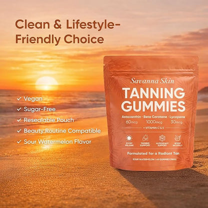 Savanna Skin Tanning Gummies, with Vitamin C & E, Astaxanthin, Beta Carotene & Lycopene Blend, Natural Looking Glow, Bronzing, Radiant Healthy Skin, Non-GMO, Vegan & Sugar-Free, 60 Gummies