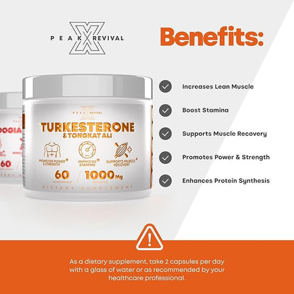 Turkesterone & Tongkat Ali 1000mg Supplement - 500mg Ajuga Turkestanica Per Serving Increase Stamina, Lean Muscle Growth & Recovery - Made in The USA (60 Capsules)
