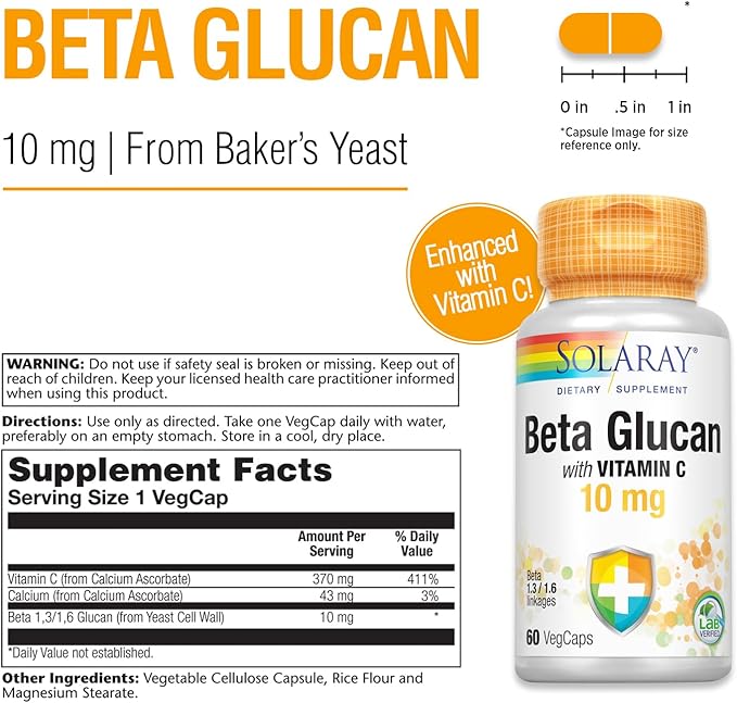 SOLARAY Beta Glucan with Vitamin C 10 mg | from Bakers Yeast | Healthy Immune System Function Support | 60 VegCaps