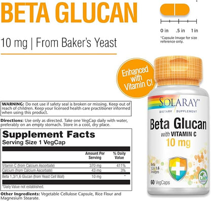 SOLARAY Beta Glucan with Vitamin C 10 mg | from Bakers Yeast | Healthy Immune System Function Support | 60 VegCaps