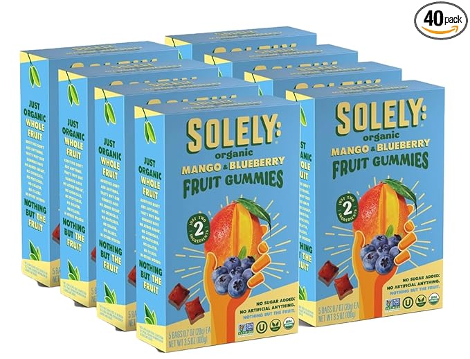 SOLELY - Organic Mango & Blueberry Whole Fruit Gummies (Pack of 8 Boxes, 5 Bags per Box) - Real Fresh Fruit - Healthy Snacks for Adults & Kids - Non GMO, Vegan Snacks, Shelf Stable - 40 Bags (3.5 oz)