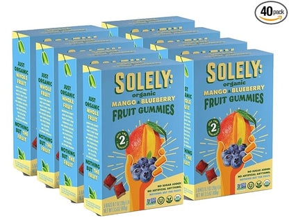 SOLELY - Organic Mango & Blueberry Whole Fruit Gummies (Pack of 8 Boxes, 5 Bags per Box) - Real Fresh Fruit - Healthy Snacks for Adults & Kids - Non GMO, Vegan Snacks, Shelf Stable - 40 Bags (3.5 oz)
