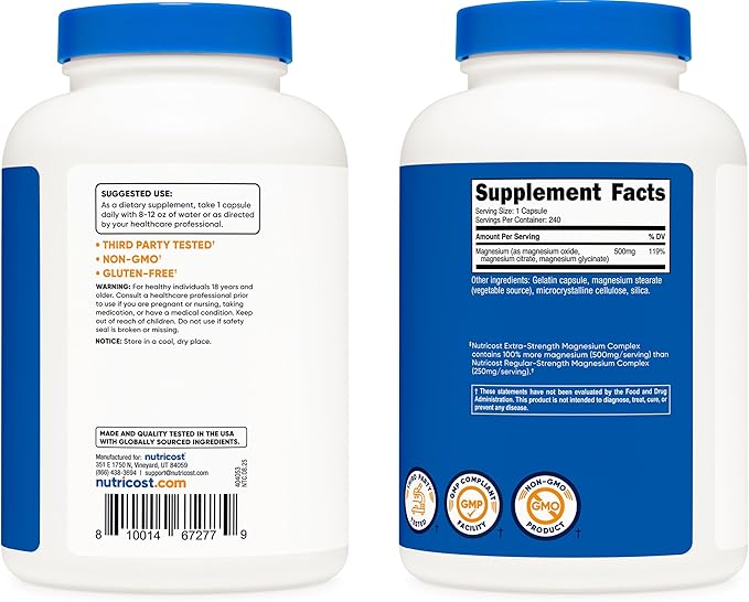 Nutricost Magnesium Complex 500mg, 240 Capsules - Magnesium Oxide, Citrate, and Glycinate - Gluten Free and Non-GMO