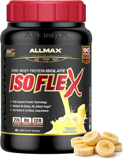 ALLMAX ISOFLEX Pure Whey Isolate Protein Powder - Gluten Free, Low Lactose, Sugar-Free - High-Protein, Clean, Keto-Friendly for Pre Post Workout Supplement for Women and Men | Banana, 2lb