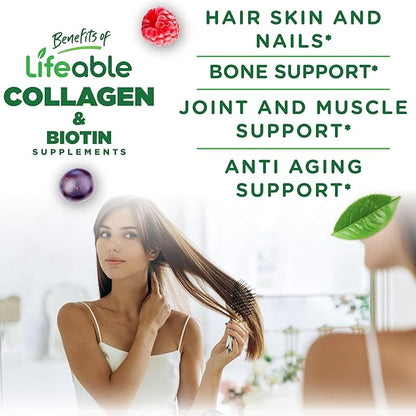 Lifeable Collagen Peptides Gummies 100mg | with 10000mcg Biotin | Great Tasting Biotin and Collagen Supplements | for Hair, Skin, and Nails | Collagen Gummies for Women, Men, Adults | 90 Gummies