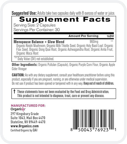 Organixx Menopause Balance + Glow, Womens Supplement with Ashwagandha, Reishi Mushroom, and Milk Thistle, Plant Based Adaptogens and Superfood Blend, Dairy, Soy & Gluten Free, Non GMO, 60 Capsules