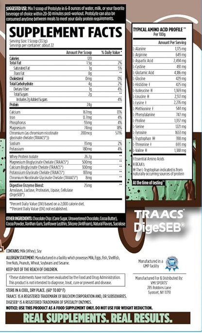 VMI Sports Protolyte 100% Whey Protein Isolate | Electrolytes Plus Enzymes | 22-25 Grams per Serving | Lactose and Gluten Free, Low Fat, Carbs & Sugar (1.63 lb, Mint Chocolate Chip)
