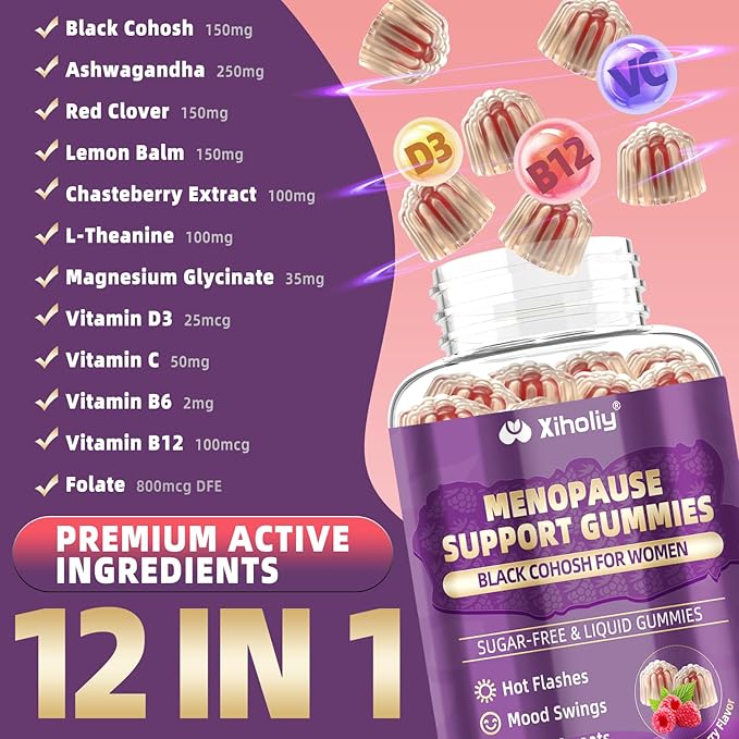 Menopause Supplements for Women with Black Cohosh, Menopause Relief Sugar Free Gummies for Hot Flashes, Natural Female Hormone Balance & Ashwagandha, Magnesium for Night Sweats, Mood Swings, 60 Count