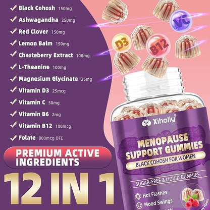 Menopause Supplements for Women with Black Cohosh, Menopause Relief Sugar Free Gummies for Hot Flashes, Natural Female Hormone Balance & Ashwagandha, Magnesium for Night Sweats, Mood Swings, 60 Count