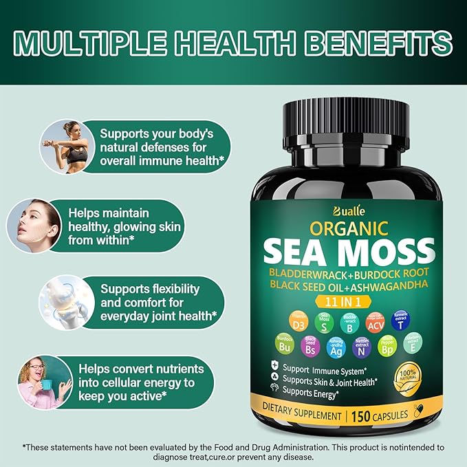 Bualle Irish Sea Moss Capsules – Organic Sea Moss, Black Seed Oil, Ashwagandha Supplements with Bladderwrack, Ginger & Burdock Root – Supports Daily Wellness, Skin & Energy – 150 Count (1 Pack)