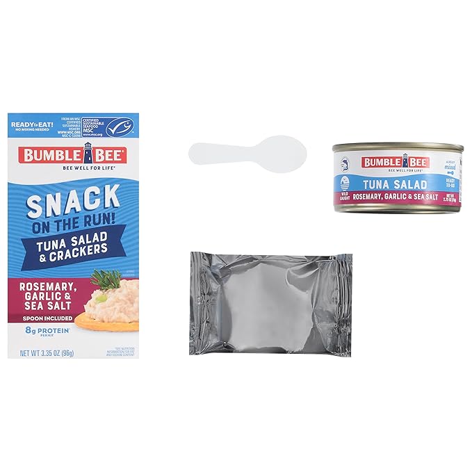 Bumble Bee Snack On The Run Rosemary, Garlic, & Sea Salt Tuna Salad with Crackers Kit - Ready to Eat Protein Snack Pack - 8g Protein per Box - Wild Caught MSC Certified Tuna (Pack of 4)