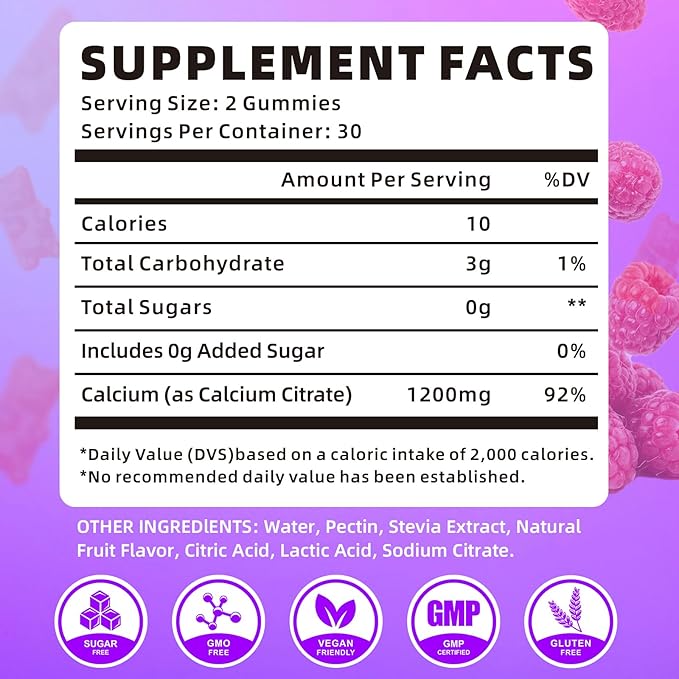Calcium Citrate Gummies 1200mg Calcium Gummies for Women & Men, Chewable Calcium Supplements Support Immune Health & Bone Strength, Vegan/Sugar-Free/Gluten-Free, Raspberry Flavor 120 Count