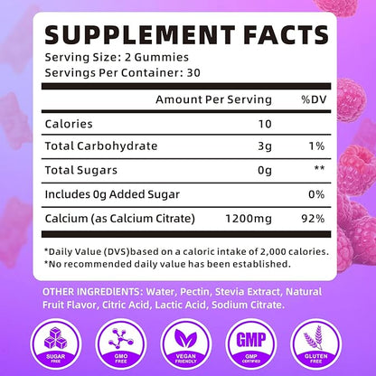 Calcium Citrate Gummies 1200mg Calcium Gummies for Women & Men, Chewable Calcium Supplements Support Immune Health & Bone Strength, Vegan/Sugar-Free/Gluten-Free, Raspberry Flavor 60 Count